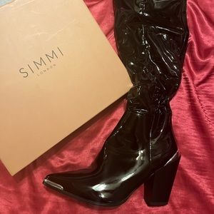 Simmi Knee High Patent Silver Toe Cowgirl Boot